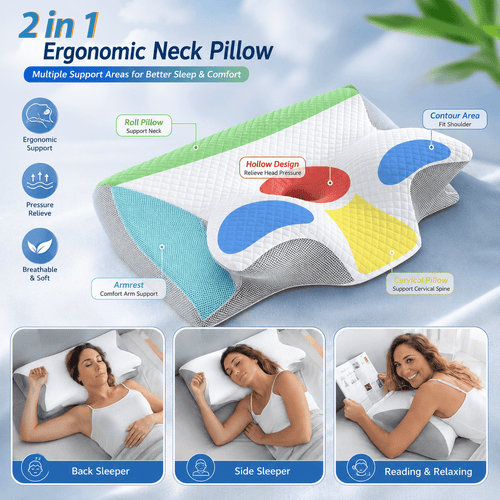 Memory Foam Cervical Pillow for Neck Pain | 2-in-1 Ergonomic Contour Orthopedic Neck Support Pillow