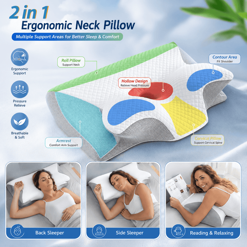 Memory Foam Cervical Pillow for Neck Pain | 2-in-1 Ergonomic Contour Orthopedic Neck Support Pillow
